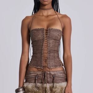jaded london odile faux suede leather lace up corset in brown